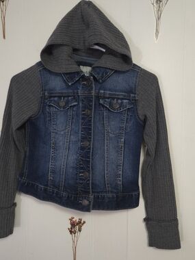 Mudd Blue Denim Jacket with Gray Knit Hood & Sleeves